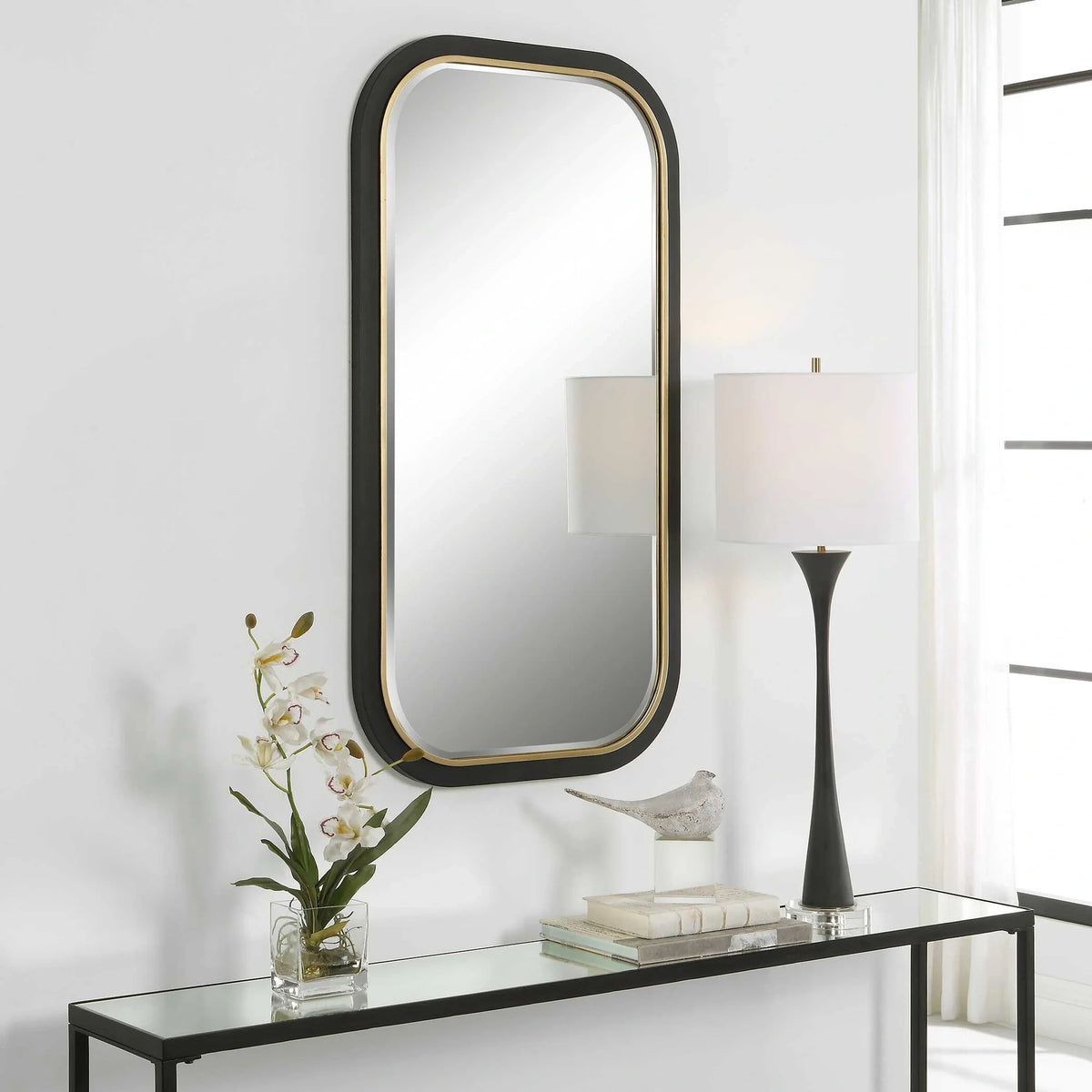 Curved Black & Gold Rectangle Mirror