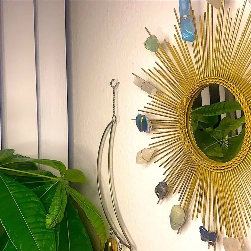Alectrona Sunburst Crystal Wall Mirror | Handmade Metal Spire Frame with Natural Crystals | Boho Accent Mirror