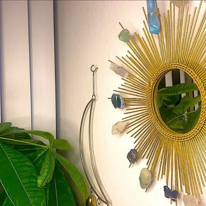 Alectrona Sunburst Crystal Wall Mirror | Handmade Metal Spire Frame with Natural Crystals | Boho Accent Mirror