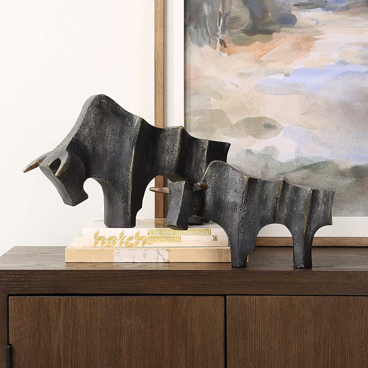 Bronze Bull Sculptures, Set of 2