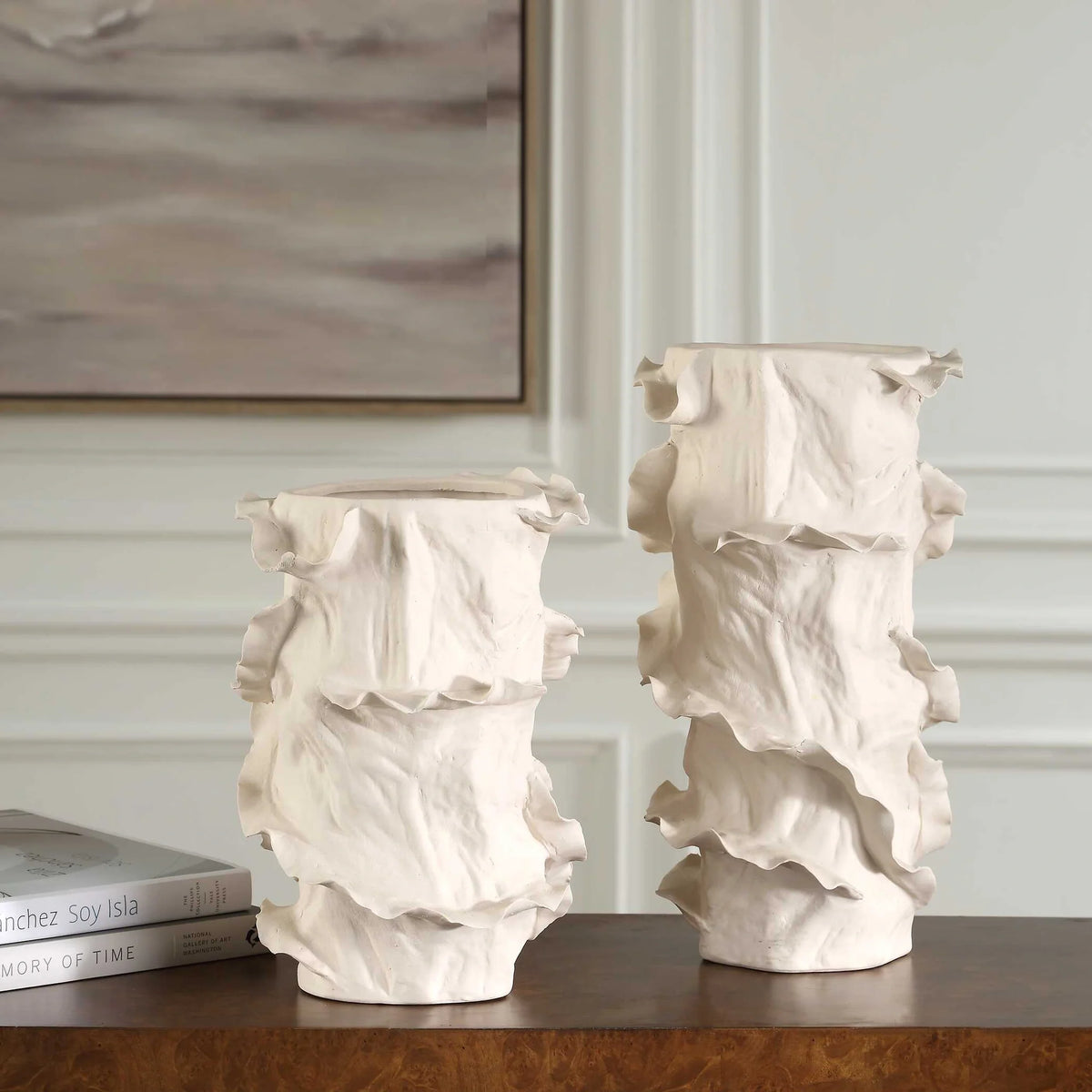 Ruffled White Sculptural Vases, Set of 2