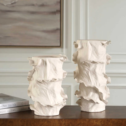 Ruffled White Sculptural Vases, Set of 2