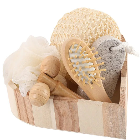 Heart-Shaped 5-Piece Bath Gift Set - Complete Travel Kit with Loofah, Face Brush, Foot Grinder, and Facial Massager