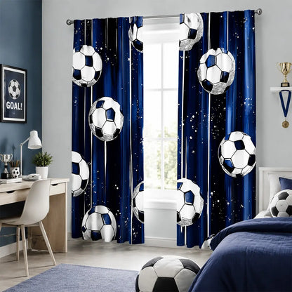 2Pcs Blue Soccer Curtains - Thermal Insulated Blackout Drapes with Stars for Boys' Bedrooms and Game Rooms