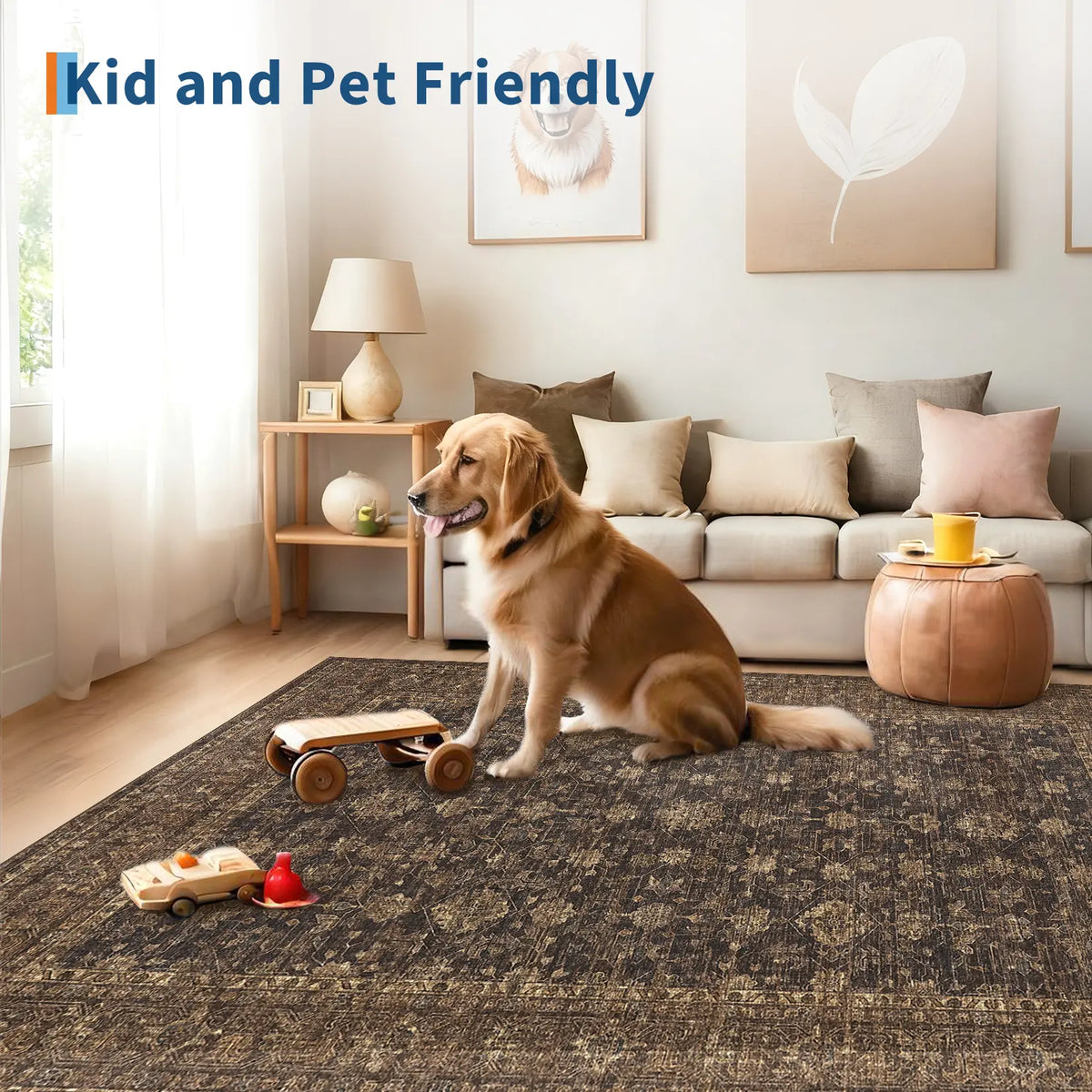 Washable Vintage Distressed Floral Area Rug | Ultra-Thin Low Pile, Non-Slip | Beige, Brown, Blue or Black | Sizes 2×6 to 10×13