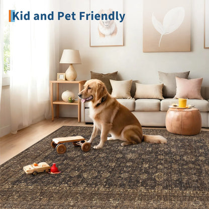 Washable Vintage Distressed Floral Area Rug | Ultra-Thin Low Pile, Non-Slip | Beige, Brown, Blue or Black | Sizes 2×6 to 10×13