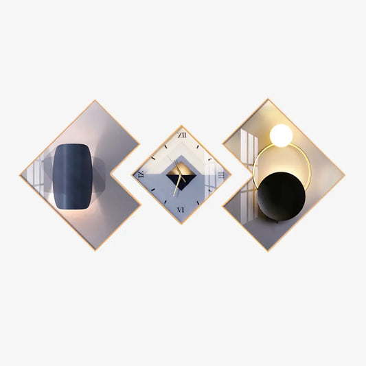 Homary 3-Pc Geometric Square Modern Abstract Silent Movement Wall Clock Set - Gold-Frame Canvas Artwork for Contemporary Living Room Decor