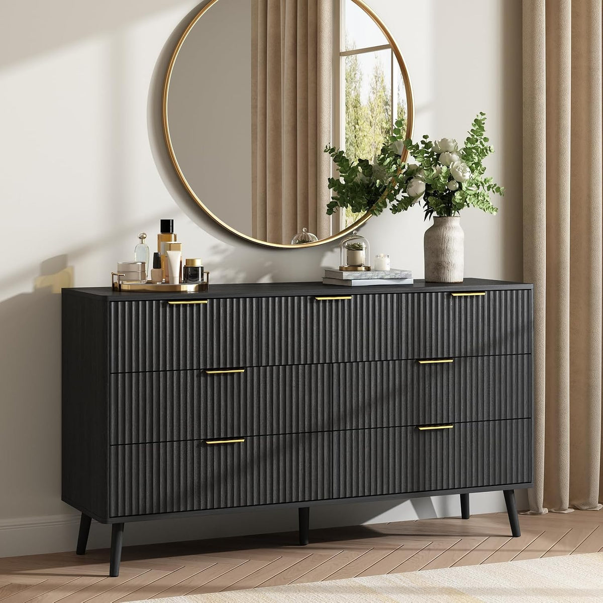 Modern 7 Drawer Dresser in Black with Gold Handles