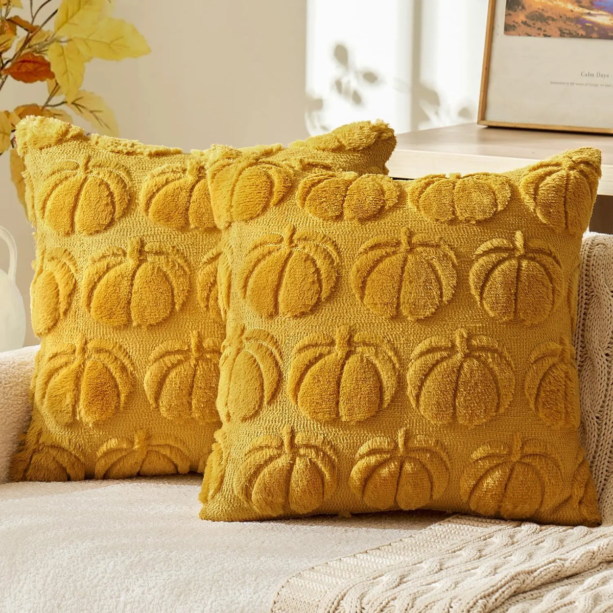 Set of 2 Fall Throw Pillow Covers 18X18 Pumpkin Design – Autumn Decor for Sofa, Couch & Porch