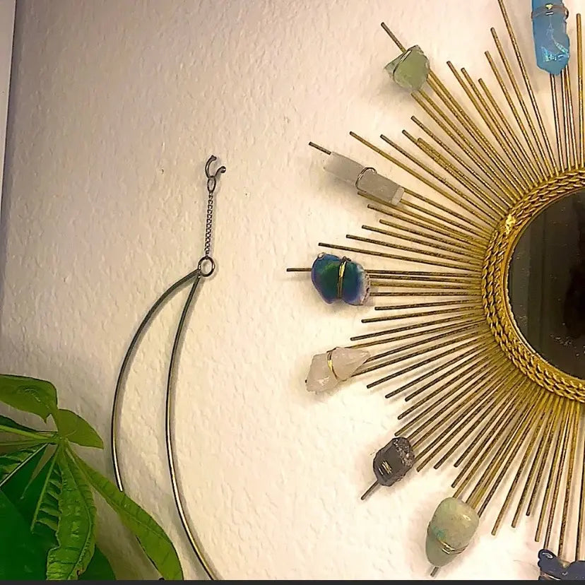 Alectrona Sunburst Crystal Wall Mirror | Handmade Metal Spire Frame with Natural Crystals | Boho Accent Mirror