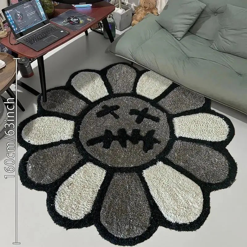 Round Floral Smiling Face Rug - Gothic Decorative Velvet Mat for Living Room, Bedroom & More