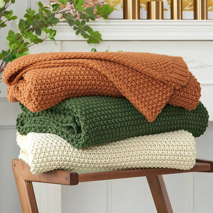 Chunky Knit Throw Blanket Lightweight Beige Cotton Blanket for Sofa Couch Bed , Rustic Shabby Modern Farmhouse, 51 X 63 Give Bag