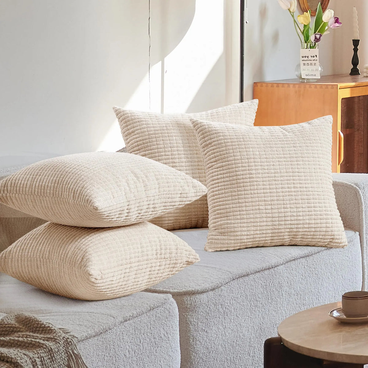 Transform Your Space with Deconovo's Set of 4 Cream Corduroy Striped Throw Pillow Covers - Perfect for Sofa, Couch, or Bed!