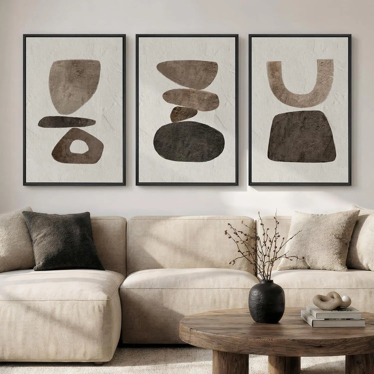 Elevate Your Space with a Set of 3 Framed Neutral Abstract Canvas Prints - Modern Minimalist Artwork for Any Room