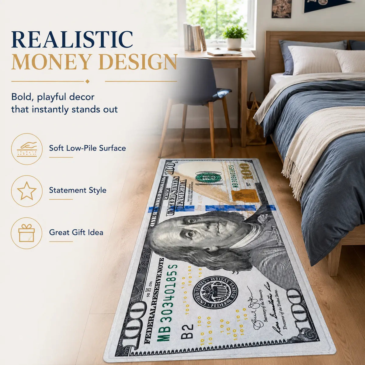 Aisoon 100 Dollar Bill Print Area Rug - Durable, Non-Slip, and Stain-Resistant Indoor Decorative Rug in Two Sizes for Entryways and Bedrooms
