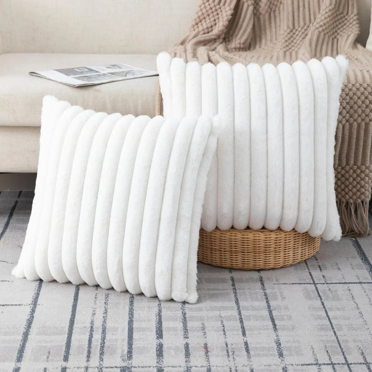 Set of 2 Faux Fur Cream White Throw Pillow Covers – Fluffy Striped Design, Perfect for Sofa, Couch or Bedroom Decor (18x18 Inch)