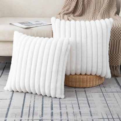 Set of 2 Faux Fur Cream White Throw Pillow Covers – Fluffy Striped Design, Perfect for Sofa, Couch or Bedroom Decor (18x18 Inch)