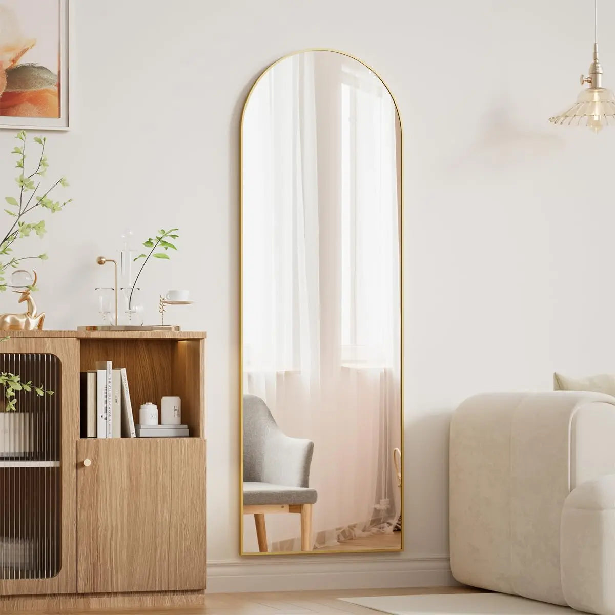 Beautypeak 48" × 14" Full Length Wall Mirror | Slim Aluminium Frame with Leather Cord | Arch & Rectangular in Gold or Black