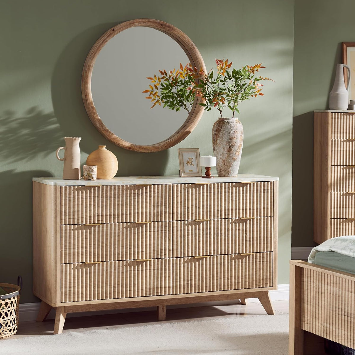 54" Fluted 6-Drawer Dresser in Natural Oak with Faux Marble Top
