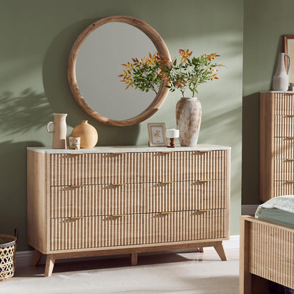 54" Fluted 6-Drawer Dresser in Natural Oak with Faux Marble Top