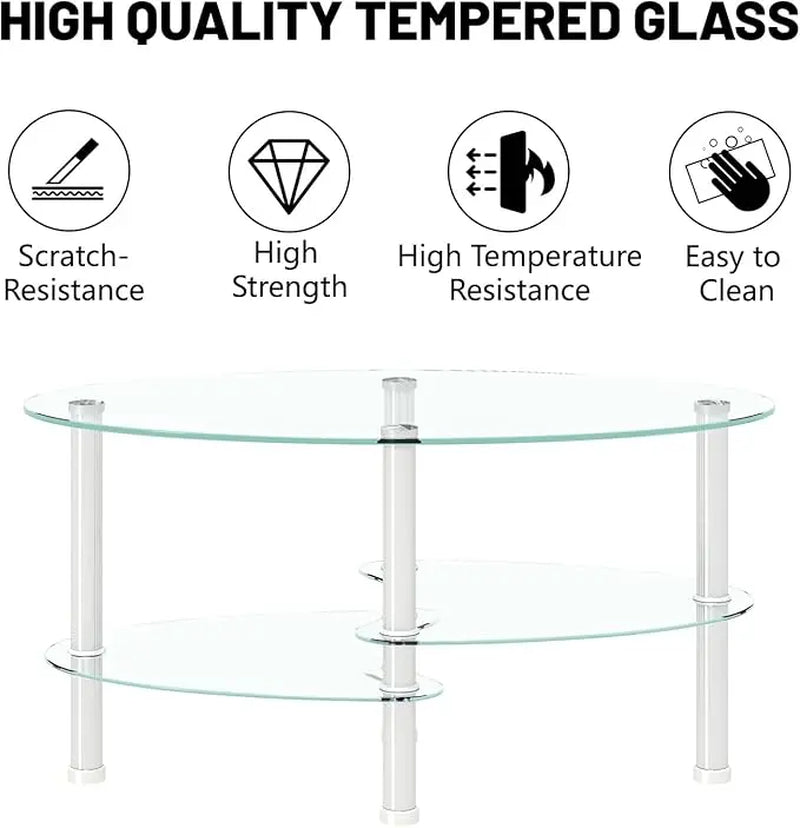 Transparent Oval Glass Coffee Table - Modern Tempered Glass Design with Stainless Steel Legs and 3-Layer Storage for Your Living Room