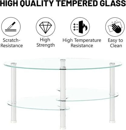 Transparent Oval Glass Coffee Table - Modern Tempered Glass Design with Stainless Steel Legs and 3-Layer Storage for Your Living Room