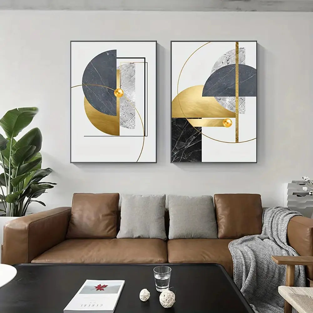 3-Piece Frameless Golden Abstract Geometric Canvas Art Set for Modern Home Decor