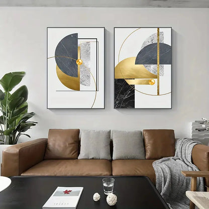 3-Piece Frameless Golden Abstract Geometric Canvas Art Set for Modern Home Decor