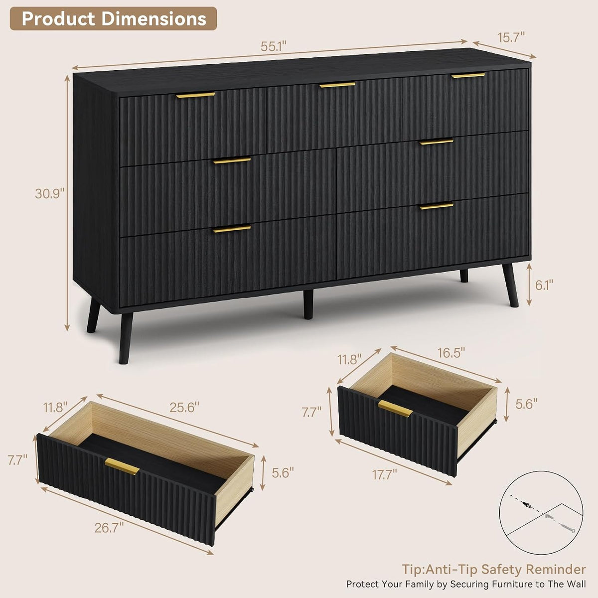 Modern 7 Drawer Dresser in Black with Gold Handles