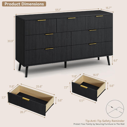 Modern 7 Drawer Dresser in Black with Gold Handles