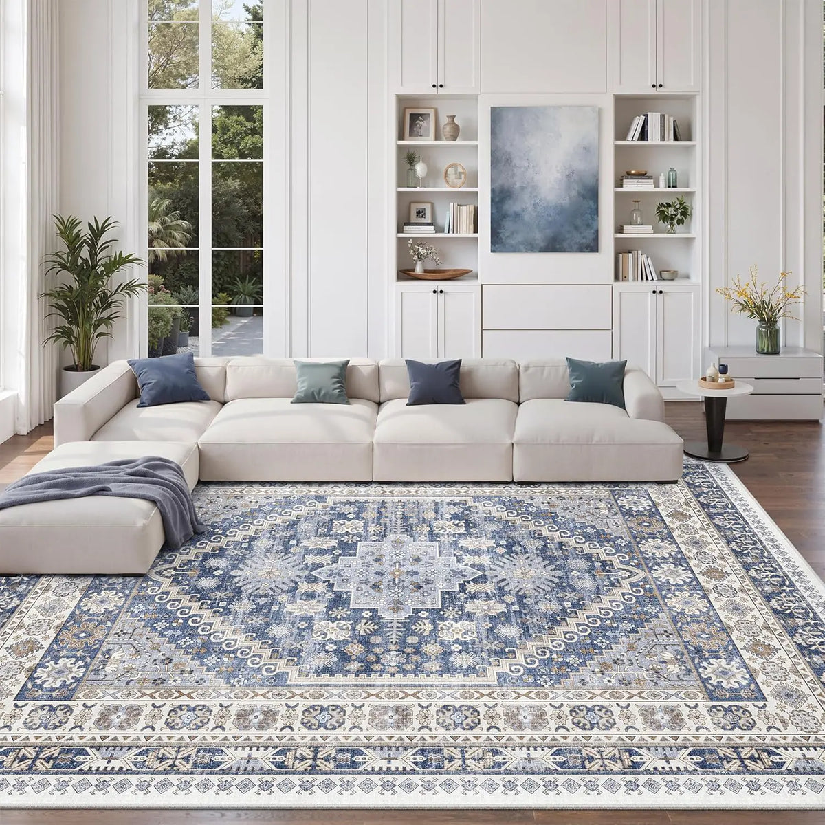 Comicomi Boho Vintage Washable Area Rug - Non-Slip, Stain Resistant, Perfect for High Traffic Areas (Blue/Beige, 8'X10')