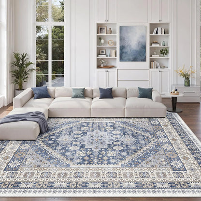 Comicomi Boho Vintage Washable Area Rug - Non-Slip, Stain Resistant, Perfect for High Traffic Areas (Blue/Beige, 8'X10')
