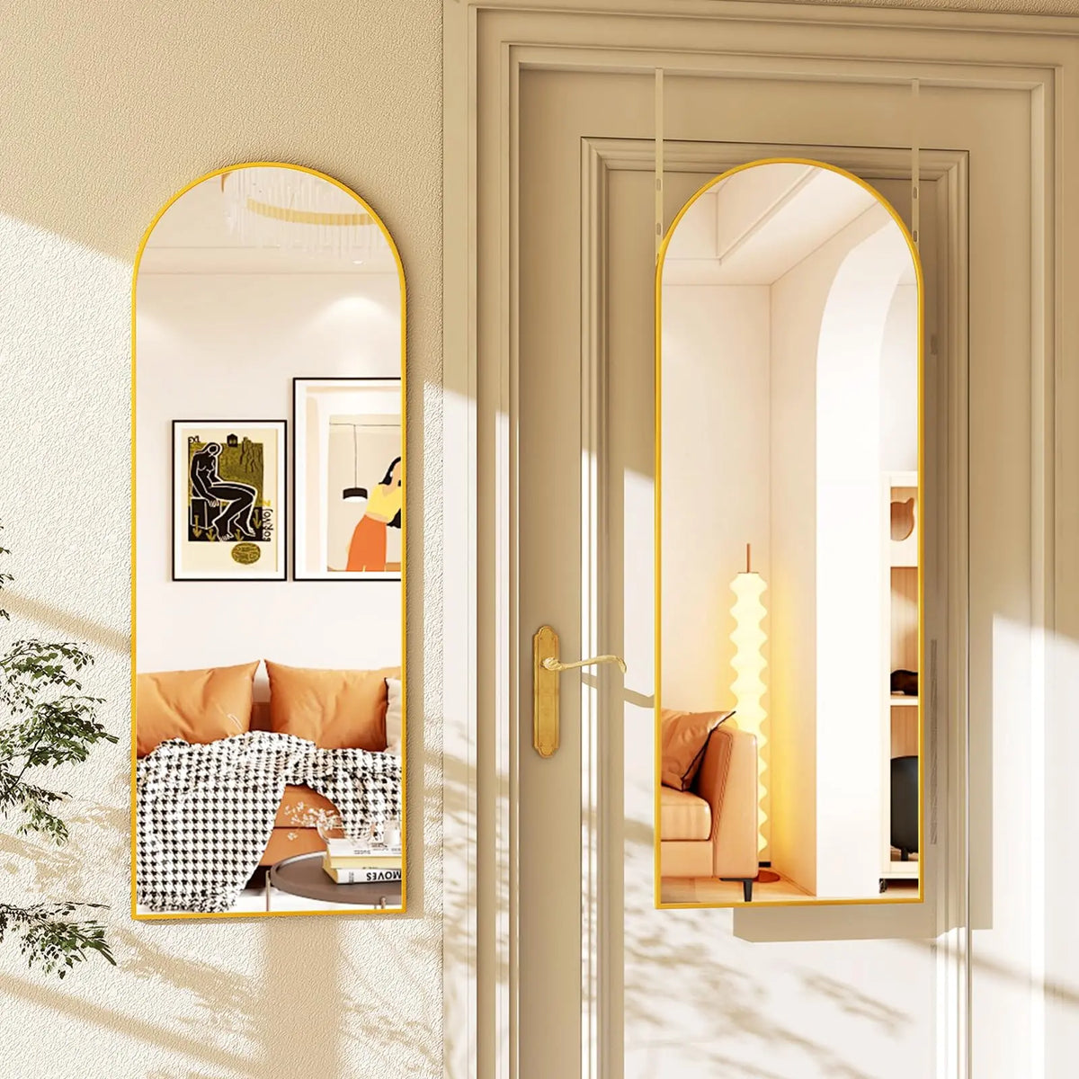 Beautypeak 48" × 14" Full Length Wall Mirror | Slim Aluminium Frame with Leather Cord | Arch & Rectangular in Gold or Black