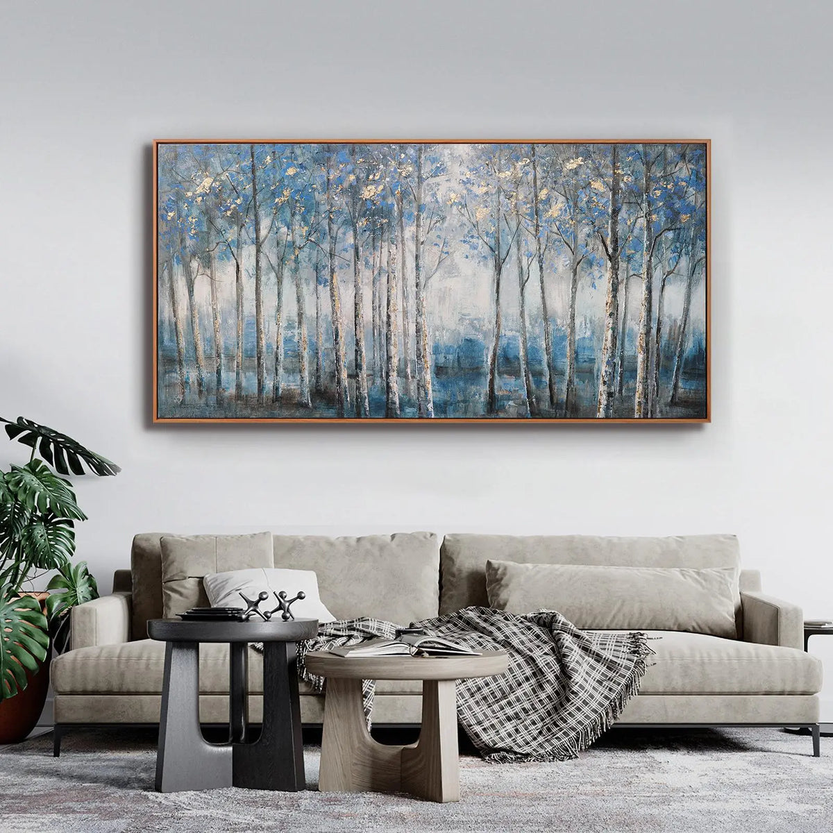 Framed Modern Grey Blue and Gold Foil Forest Canvas Oil Painting