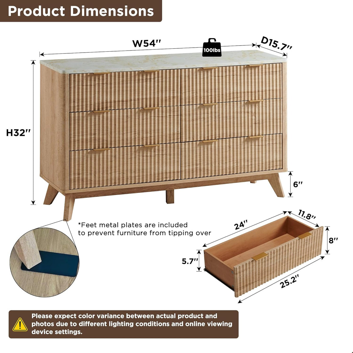54" Fluted 6-Drawer Dresser in Natural Oak with Faux Marble Top
