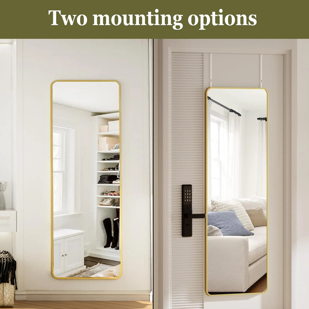 Beautypeak 48" × 14" Full Length Wall Mirror | Slim Aluminium Frame with Leather Cord | Arch & Rectangular in Gold or Black