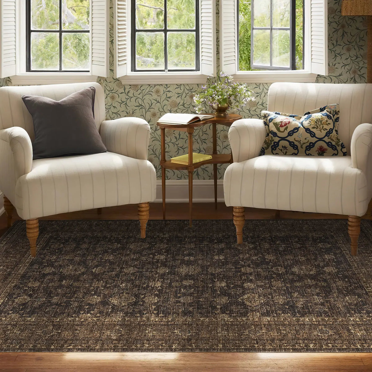 Washable Vintage Distressed Floral Area Rug | Ultra-Thin Low Pile, Non-Slip | Beige, Brown, Blue or Black | Sizes 2×6 to 10×13