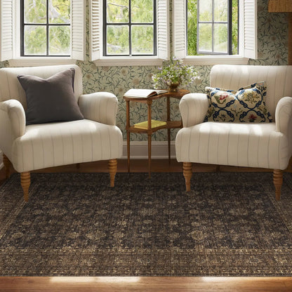 Washable Vintage Distressed Floral Area Rug | Ultra-Thin Low Pile, Non-Slip | Beige, Brown, Blue or Black | Sizes 2×6 to 10×13