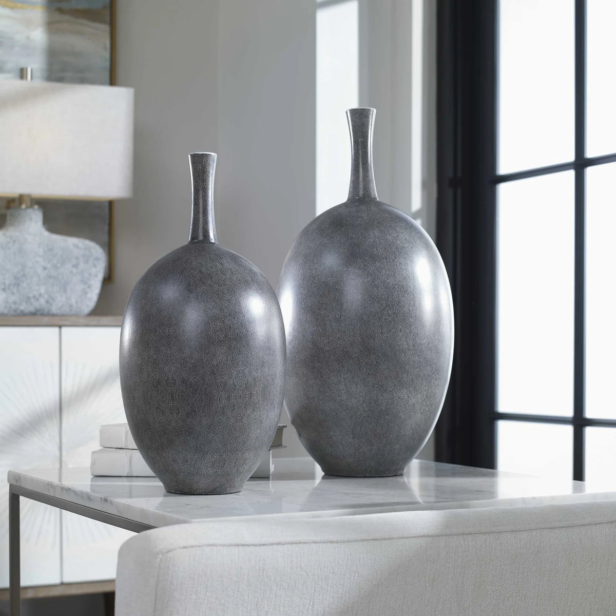 Marbled Black & White Vases, Set of 2