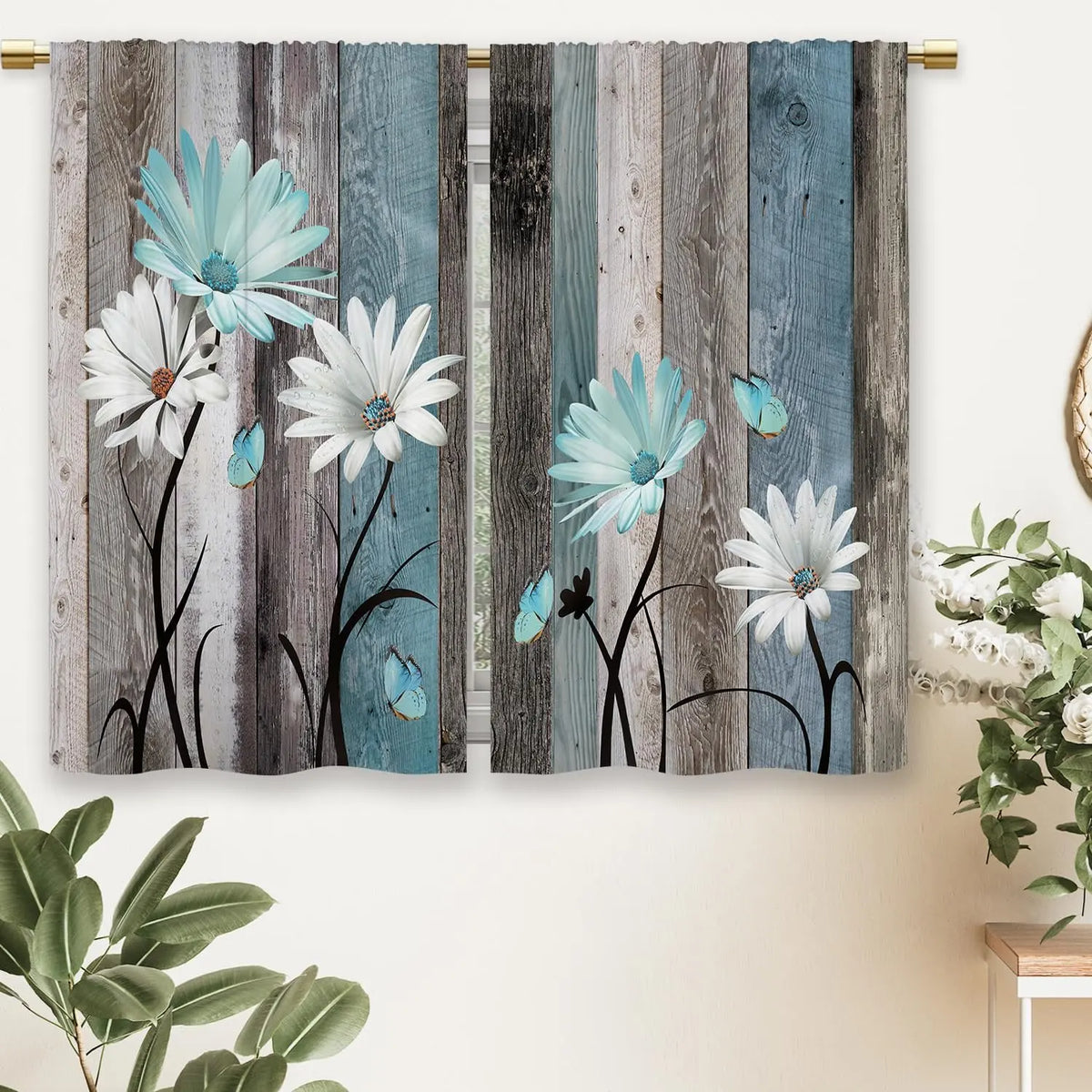 Teal Farmhouse Daisy Kitchen Curtains - Rustic Floral Butterfly Short Cafe Drapes for Country Homes (2 Panels, 27.5x39 Inch)