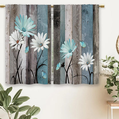 Teal Farmhouse Daisy Kitchen Curtains - Rustic Floral Butterfly Short Cafe Drapes for Country Homes (2 Panels, 27.5x39 Inch)