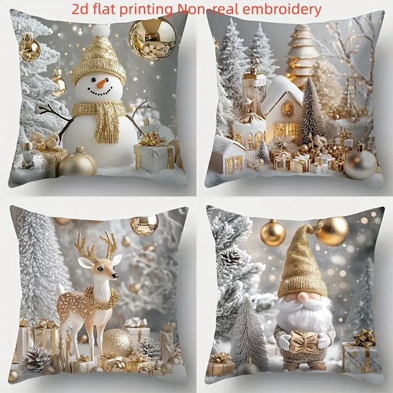 4Pcs Christmas Throw Pillow Covers Featuring Snowmen and Elves