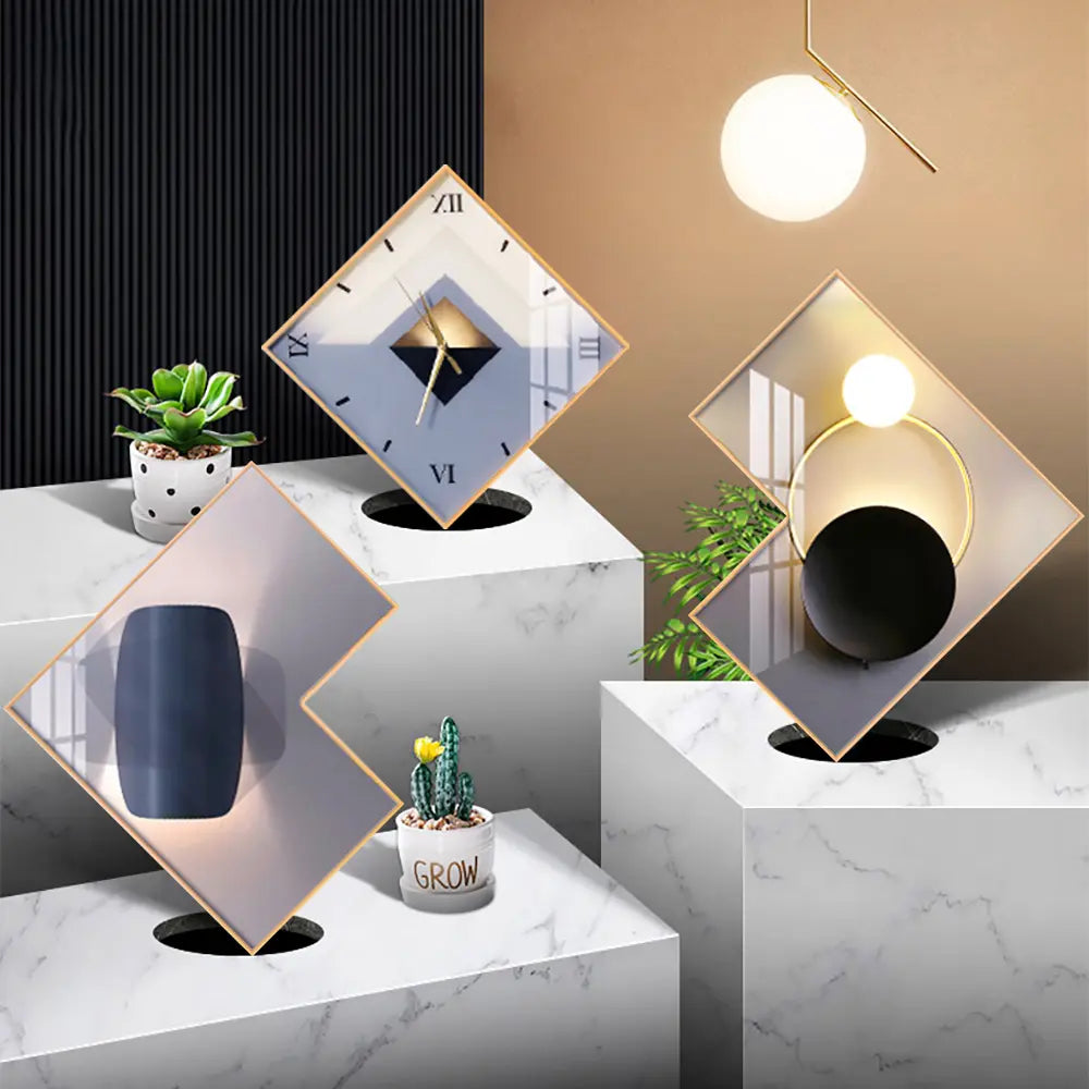 Homary 3-Pc Geometric Square Modern Abstract Silent Movement Wall Clock Set - Gold-Frame Canvas Artwork for Contemporary Living Room Decor