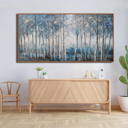 Framed Modern Grey Blue and Gold Foil Forest Canvas Oil Painting