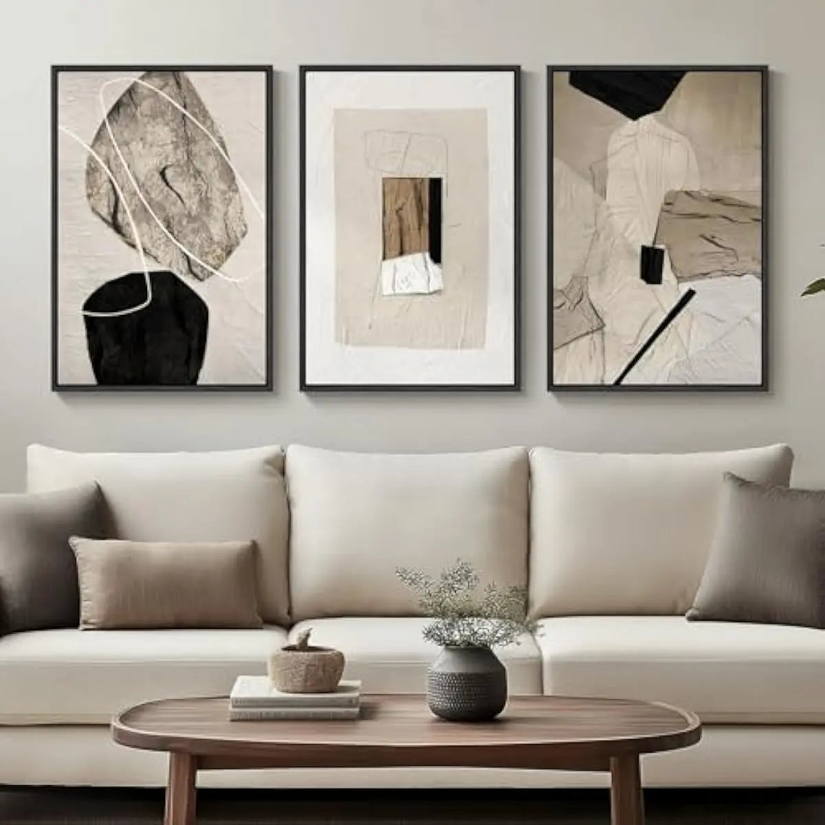 Set of 3 Framed Neutral Abstract Canvas Prints