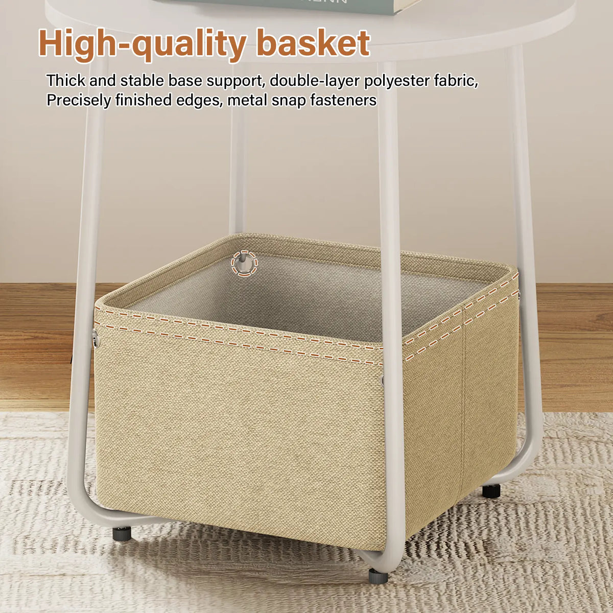 Flycity Modern Round Side Table - White Finish with Fabric Basket for Storage