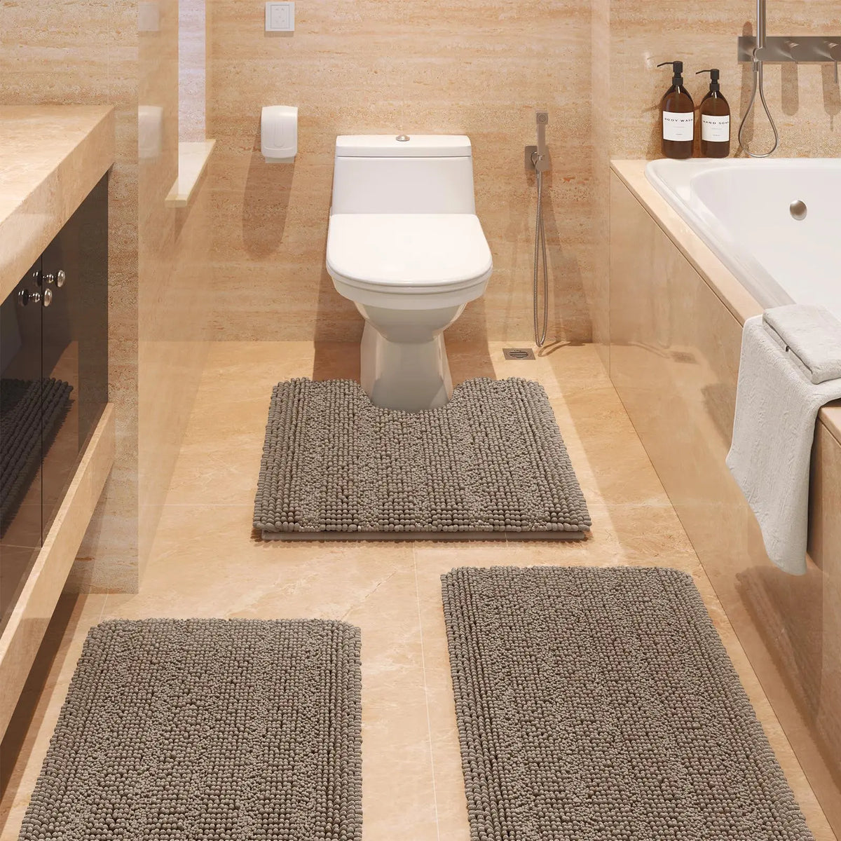 Transform Your Bathroom with the ACCUMTEK Luxurious Soft Striped Chenille Bath Rug Set - 3 Plush, Non-Slip Mats for Ultimate Comfort and Style
