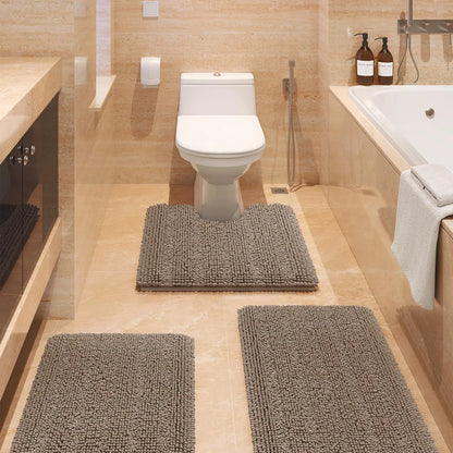 Transform Your Bathroom with the ACCUMTEK Luxurious Soft Striped Chenille Bath Rug Set - 3 Plush, Non-Slip Mats for Ultimate Comfort and Style