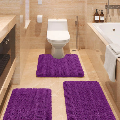 Transform Your Bathroom with the ACCUMTEK Luxurious Soft Striped Chenille Bath Rug Set - 3 Plush, Non-Slip Mats for Ultimate Comfort and Style