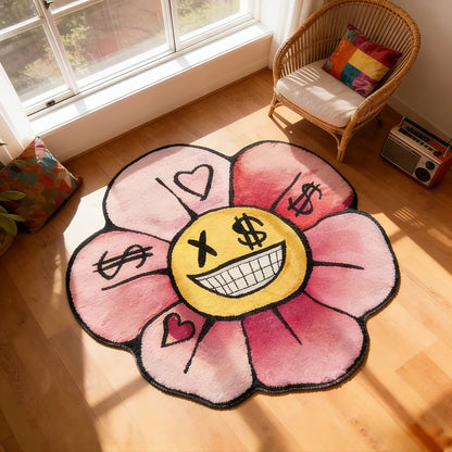 Charming Round Floral Smiling Face Rug - Gothic Decorative Velvet Mat for Living Room, Bedroom & More - Perfect Christmas Gift!
